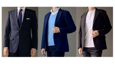 左）紺ネクタイ、中）水色ニット、意義）白Tシャツ。あえてユニクロ。